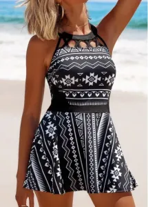 Modlily Cage Neck Mid Waisted Tribal Print Swimdress and Panty - L