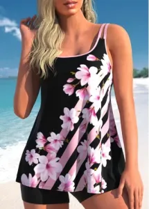 Modlily Contrast Binding Floral Print Pink Tankini Top - M