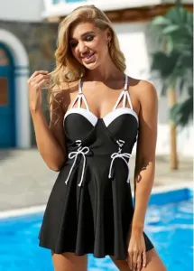 Modlily Contrast Lace Up Cross Strap Swimdress and Shorts - S