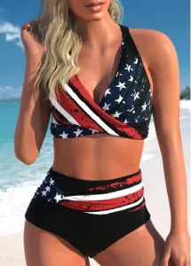 Modlily Criss Cross American Flag Print Black Bikini Top - L