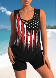 Modlily Criss Cross American Flag Print Black Tankini Set - XL