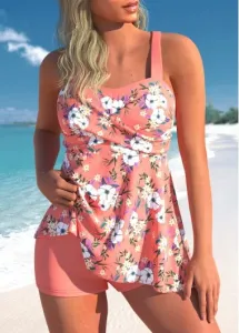 Modlily Criss Cross Floral Print Coral Red Swimdress Top - S