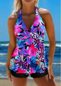Modlily Criss Cross Floral Print Hot Pink Tankini Top - S