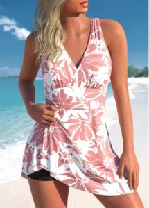 Modlily Pink Floral Print Criss Cross Wide Strap Wrapped Swimdress Top - S