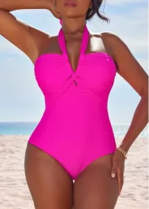 Modlily Criss Cross Lace Up Hot Pink One Piece Swimwear - L