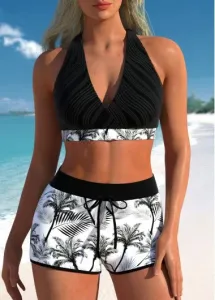 Modlily Criss Cross Leaf Print Black Bikini Set - M