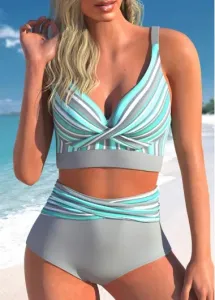 Modlily Criss Cross Stripe Print Bikini Set - S #846567