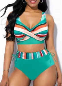 Modlily Criss Cross Striped Mint Green Bikini Set - XXL