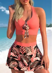 Modlily Criss Cross Tropical Plants Print Coral Bikini Set - XL #904608
