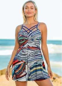 Modlily Cross Strap Twist Front Printed Swimdress and Shorts - M