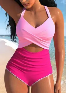 Modlily Cut Out Bowknot Hot Pink One Piece Swimwear - M