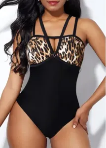 Modlily Cut Out Leopard Black One Piece Swimwear - S #180735