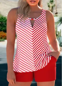Modlily Cut Out Striped Red Tankini Set - M