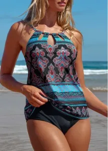 Modlily Cut Out Tribal Print Multi Color Tankini Top - S