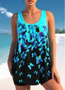 Modlily Cyan Butterfly Print Ombre Tankini Top - S