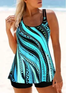 Modlily Cyan Polka Dot Striped Printed Double Straps Tankini Top Women Padded Beachwear Two Piece Wire-Free Swimsuit - L
