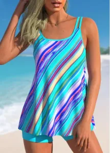 Modlily Cyan Stripe Print Tankini Swimsuit With Short Multi Color Double Spaghetti Straps Women Tankini Set - S