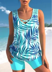 Modlily Cyan Tropical Print Wide Straps Tankini With Shorts Cyan Lace Stitching Tankini Set - L