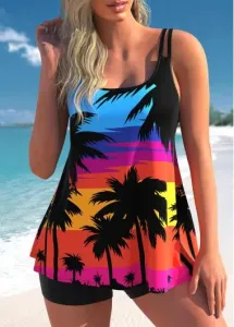 Modlily Double Straps Coconut Tree Print Multi Color Swimdress Top - S