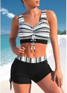 Modlily Double Straps Drawstring Striped Black Bikini Set - S #839207
