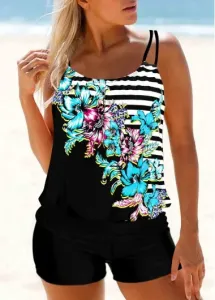 Modlily Double Straps Floral and Stripe Print Tankini Top - S
