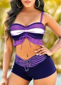 Modlily Drawstring Striped Purple Ruffle Bikini Set - S #805745