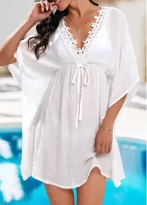 Modlily Embroidery V Neck Tie White Cover Up - XL