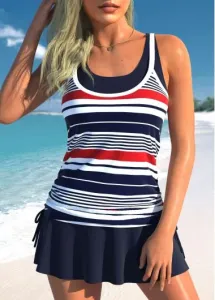 Modlily Fake 2in1 High Waisted Striped Navy Tankini Set - XL