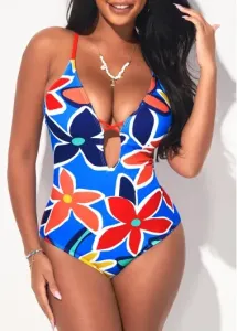 Modlily Floral Print Blue Lace Up One Piece Swimwear - M