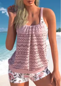 Modlily Floral Print Light Pink Lace Hollow Out Tankini Set - L