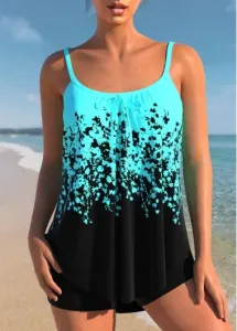 Modlily Floral Print Ombre Bowknot Cyan Tankini Top - S