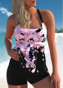 Modlily Floral Print Pink Wide Strap Tankini Top - S