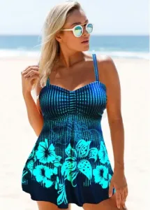 Modlily Floral Print Wide Strap Cyan Swimdress and Panty - S
