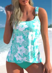 Modlily Cyan Floral Print Tankini Swimsuit With Bottom Printed Wide Strap Tankini Set - XXL