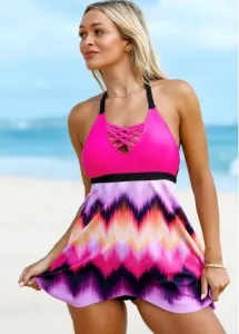Modlily Halter Ombre Lattice Front Swimdress and Panty - S