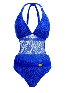 Modlily Halter Sheer Lace Royal Blue One Piece Swimwear - XXL