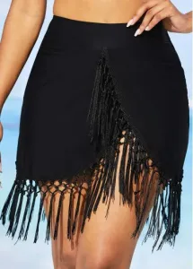 Modlily High Waisted Solid Tassel Swim Skirt - L