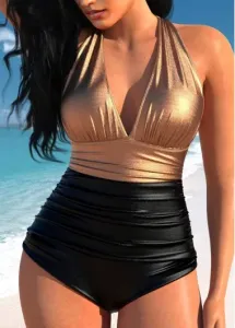 Modlily Hot Stamping Coating Dark Coffee Ruched One Piece Swimwear - M