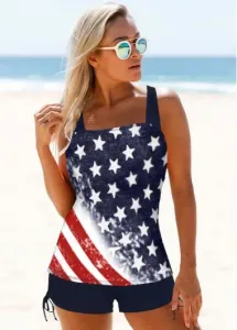 Modlily Independence Day July 4Th American Flag Print Drawstring Side Spaghetti Strap Tankini With Short - 2XL