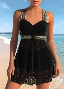 Modlily Lace Black Criss Cross Design Swimdress Top - XL