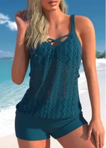 Modlily Peacock Blue Lace Hollow Out Criss Cross Spaghetti Strap Tankini Top - XL