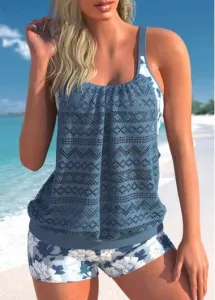 Modlily Lace Floral Print Dusty Blue Tankini Top - XL