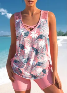 Modlily Lace High Waisted Floral Print Pink Tankini Set - L