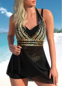 Modlily Lace High Waisted Leopard Black Swimdress and Shorts - M