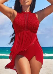 Modlily Lace High Waisted Red Swimdress and Panty - L