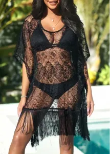 Modlily Lace Patchwork Black Tassel Cover Up - S