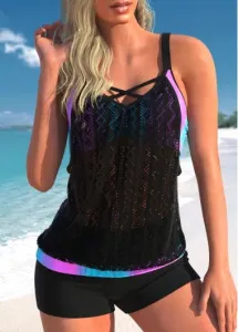 Modlily Lace Patchwork Cyan Contrast Tankini Top - M