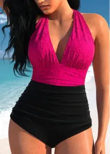 Modlily Lace Patchwork Hot Pink One Piece Swimwear - L