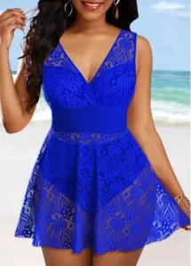 Modlily Lace Royal Blue Cutout Swimdress and Panty - L