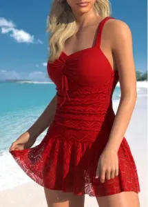 Modlily Lace Ruched Red One Piece Swimwear - L